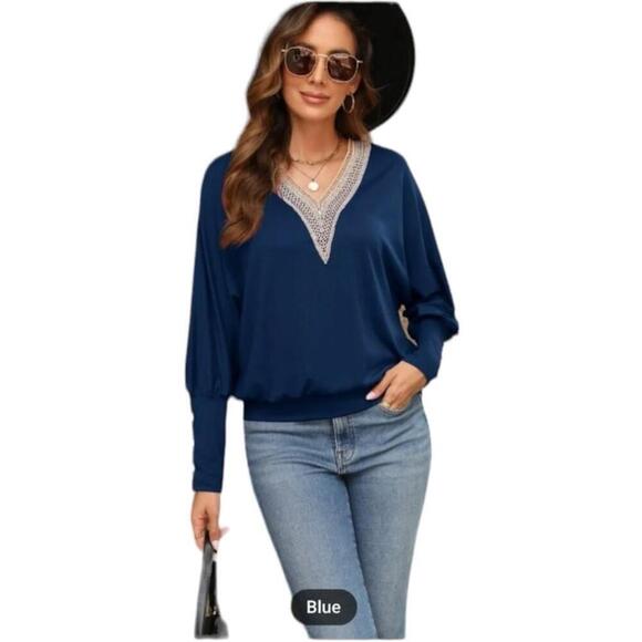 Women's Blue Lace Trim V-Neck Long Sleeve Blouse Top - Picture 1 of 5
